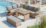 5-Piece Outdoor Patio Rattan Sofa Set; Sectional PE Wicker L-Shaped Garden Furniture Set with 2 Extendable Side Tables;  Brown