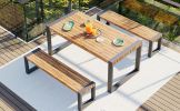 GO 3-pieces Outdoor Dining Table With 2 Benches, Patio Dining Set With Unique Top Texture, Acacia Wood Top & Steel Frame