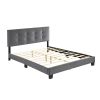 1pc Queen Platform Bed Dark Gray Velvet Upholstered Adjustable Height Headboard Button Tufted Solid Wood Bedroom Furniture - as Pic