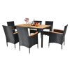 7 Piece Patio Dining Set, Outdoor Patio Conversation Set with Acacia Wood Table Top and Rattan Chairs and Soft Seat Cushions, Black