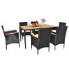 7 Piece Patio Dining Set, Outdoor Patio Conversation Set with Acacia Wood Table Top and Rattan Chairs and Soft Seat Cushions, Black