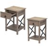 Set of 2 Farmhouse Wood Nightstand, Bed Sofa Side Table with Drawer, X-Shape Metal Sides, Square End Table Furniture- Rustic Gray and Black