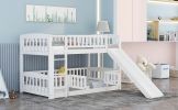 Bunk Bed with Slide,Twin Over Twin Low Bunk Bed with Fence and Ladder for Kids Teens White - as pic