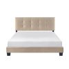 1pc Queen Platform Bed Light Brown Velvet Upholstered Adjustable Height Headboard Button Tufted Solid Wood Bedroom Furniture - as Pic