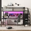 Queen Size Loft Bed with L-shaped Desk and USB, Metal Loft Bed with Wardrobe and Adjustable Shelf, High Loft Bed with LED, Black