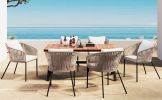 GO 7 Pieces Patio Dining Set, All-Weather Outdoor Furniture Set with Dining Table and Chairs, Acacia Wood Tabletop, Metal Frame, Beige