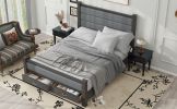Queen Size Wood Frame Platform Bed with Upholstered Headboard, Footboard and 2 Drawers, Antique Gray - as Pic