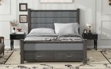 Queen Size Wood Frame Platform Bed with Upholstered Headboard, Footboard and 2 Drawers, Antique Gray - as Pic