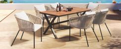 GO 7 Pieces Patio Dining Set, All-Weather Outdoor Furniture Set with Dining Table and Chairs, Acacia Wood Tabletop, Metal Frame, Beige