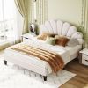 Queen Size Upholstered Platform Bed with Flower Pattern Velvet Headboard, Beige - as Pic