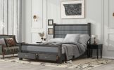 Queen Size Wood Frame Platform Bed with Upholstered Headboard, Footboard and 2 Drawers, Antique Gray - as Pic