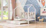 Wooden Twin Size House Bed with Trundle,Kids Bed with Shelf, White - as pic