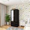 Modern Wooden Armoire Wardrobe Closet with 2 Doors, Hanging Rods, 2 Drawers, Mirror, Shelving, Black 31.5" W x 19.69" D x 70.87"