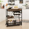 3-Tier Industrial Buffet Serving Cart with Wine Rack - as show