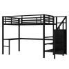 Full Size Loft Bed with L-shaped Desk and USB, Metal Loft Bed with Wardrobe and Adjustable Shelf, High Loft Bed with LED