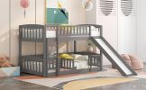 Bunk Bed with Slide,Twin Over Twin Low Bunk Bed with Fence and Ladder for Kids Teens Grey - as pic