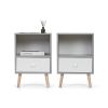 Mid-Century Wood Nightstand Set of 2;  Bed Sofa Side Table with Drawer and Shelf;  Modern End Table for Living Room Bedroom Office - Gray+White