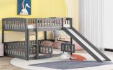 Bunk Bed with Slide,Full Over Full Low Bunk Bed with Fence and Ladder for Toddler Kids Teens Gray - as pic