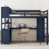 Wood Loft Bed with Cabinet and Bookshelf, Full Size Loft with Wardrobe and Desk for Kids,Dark Blue(Expect Arrival Date 2024/8/25) - as Pic