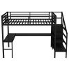 Queen Size Loft Bed with L-shaped Desk and USB, Metal Loft Bed with Wardrobe and Adjustable Shelf, High Loft Bed with LED, Black