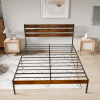 Iron Platform Bed Frame with Rustic Wood Headboard & Footboard (Queen Size) - Brown - as Pic