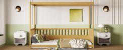 Twin Size Canopy Bed Frame with Guardrails for Kids,Floor Bed Twin with Four Poster Design,Kids Montessori Floor Bed(Twin,Natural)