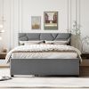 Queen Size Upholstered Platform Bed with Brick Pattern Headboard and Twin XL Size Trundle, Linen Fabric, Gray - as Pic