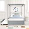 Full Size Canopy Bed with Twin Trundle, Kids Solid Wood Platform Bed Frame w/ Headboard, No Box Spring Needed Grey Color - as pic