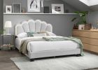 White 1pc Queen Size Bed Wool Fabric Floral Design Headboard w LED Fully Upholstered Platform Bedframe - as Pic