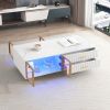Modern Coffee Table with 2 Glass Door Storage, 4 Drawers, Gold Metal Legs, and Multi-Color Lighting in 47.2'' - White - MDF