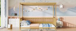 Full Size Canopy Bed Frame with Guardrails for Kids,Floor Bed Full with Four Poster Design,Kids Montessori Floor Bed,Wood Canopy Bed Frame