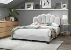 White 1pc Queen Size Bed Wool Fabric Floral Design Headboard w LED Fully Upholstered Platform Bedframe - as Pic