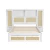 Twin Size Wooden Bed with Two Storage Lockers, Drawer, and Storage Shelf on Headboard, Multifunctional Platform Bed with Natural Rattan, White