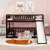 Bunk Bed with Slide,Full Over Full Low Bunk Bed with Fence and Ladder for Toddler Kids Teens Espresso - as pic
