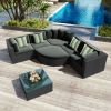 GO 7-piece Outdoor Wicker Sofa Set, Rattan Sofa Lounger, With Striped Green Pillows, Conversation Sofa, Gray Cushion