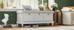 TREXM Classic Shoe Bench with Cushion and Three Drawers, Fluted Entryway Bench with Storage, Light Gray