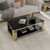 Woker Furniture 48" Wide Rectangular Coffee Table with Black Tempered Glass Top, Golden Stainless Steel Double-Layer Coffee Table for Living Room