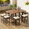 GO 10-Piece Outdoor Acacia Wood Bar Height Table And Eight Stools With Cushions, Garden PE Rattan Wicker Dining Table, Brown