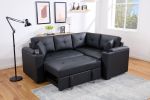 Donovan 84.5"W Black PVC Fabric Sleeper Sectional with USB Charger, Cupholders, Storage Arms - as Pic