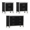 3-Pieces Sets,Dresser and Two Nightstands with Metal Handles and Mirror Decoration, Elegant - Black - MDF