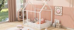 (Slats are not included) Full Size Wood Bed House Bed Frame with Fence,for Kids,Teens,Girls,Boys (White )(OLD SKU:WF281294AAK) - as pic