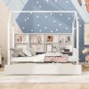 Wooden Twin Size House Bed with Trundle,Kids Bed with Shelf, White - as pic