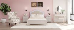 Modern Queen Size Wood Bed with Hidden LED Light Upholstered Curved Headboard, No Box Spring Needed, Cream Grey - as Pic