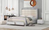 Queen Size Wood Frame Platform Bed with Upholstered Headboard, Footboard and 2 Drawers, Antique White - as Pic