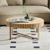 Modern Handcraft Drum Coffee Table 31.5 inch Round Coffee Table for Living Room,Small Coffee Table with Sturdy Pedestal - Natural Ash - MDF+Metal