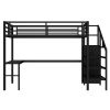 Full Size Loft Bed with L-shaped Desk and USB, Metal Loft Bed with Wardrobe and Adjustable Shelf, High Loft Bed with LED