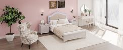 Modern Queen Size Wood Bed with Hidden LED Light Upholstered Curved Headboard, No Box Spring Needed, Cream Grey - as Pic