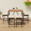 5-Piece Outdoor Acacia Wood Bar Height Table And Four Stools With Cushions, Garden PE Rattan Wicker Dining Table- Acacia Wood