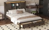 Wood Queen Size LED Platform Bed with Barn Door Design Headboard, USB and 2 Drawers, Antique Brown - as Pic