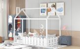 {Slats are not included}Twin Size Wood Bed House Bed Frame with Fence,for Kids,Teens, Girls,Boys {White}{OLD SKU:WF194274AAK} - as pic